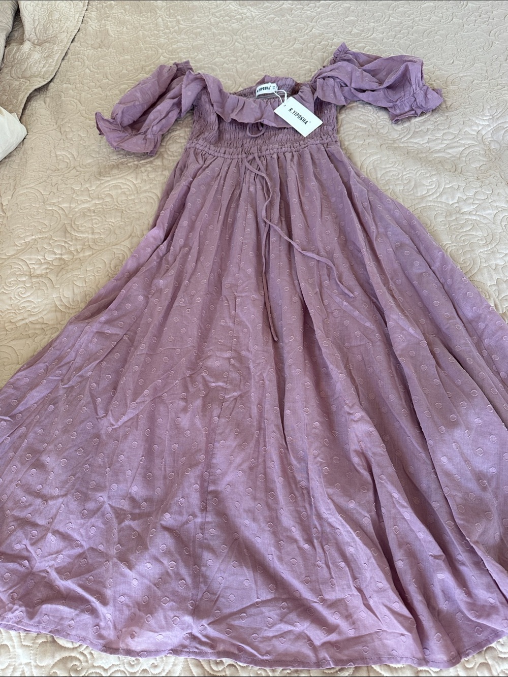 Smocked Off-Shoulder Lavender Maxi Dress